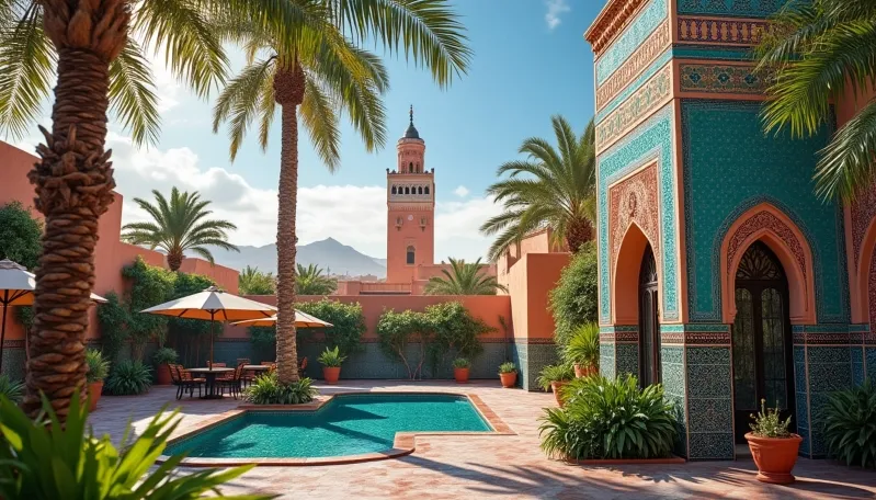A hotel courtyard featuring a pool surrounded by palm trees, set against the sunny Marrakesh weather.