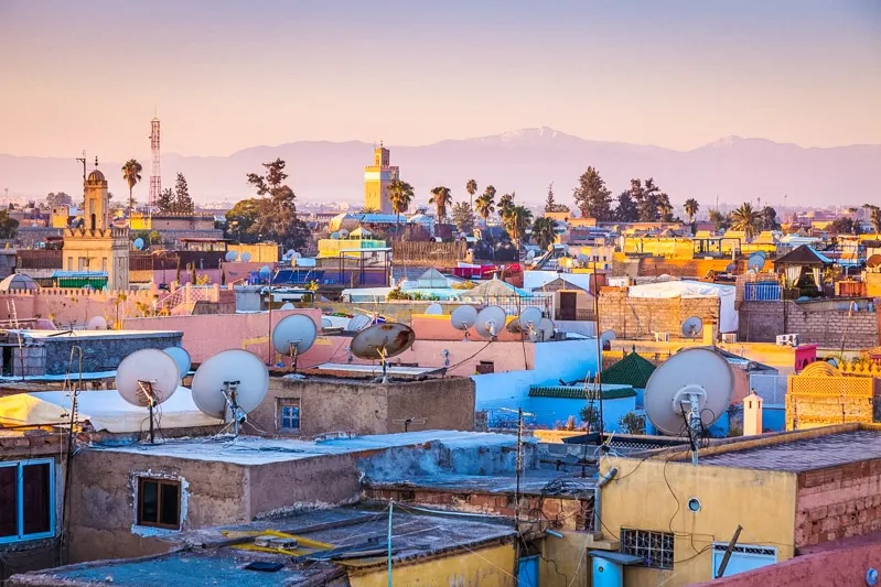 A panoramic view of Marrakech, Morocco, showcasing its vibrant architecture and bustling streets.