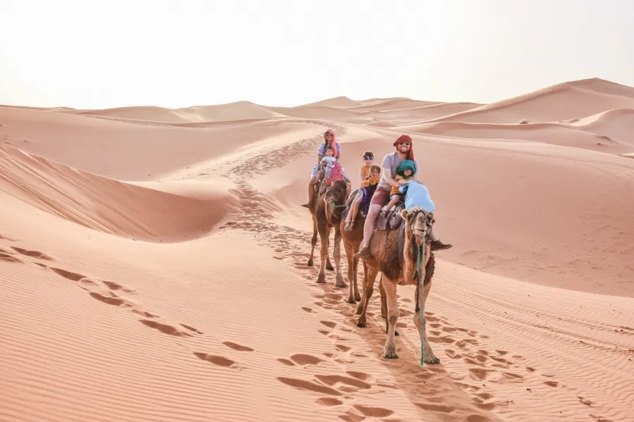 People riding camels across the sandy dunes of the Moroccan desert, showcasing a unique travel experience.
