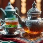 A table set with Moroccan tea and coffee, featuring elegant silver teapots and cups.