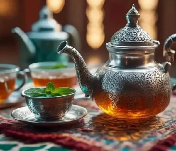 A table set with Moroccan tea and coffee, featuring elegant silver teapots and cups.