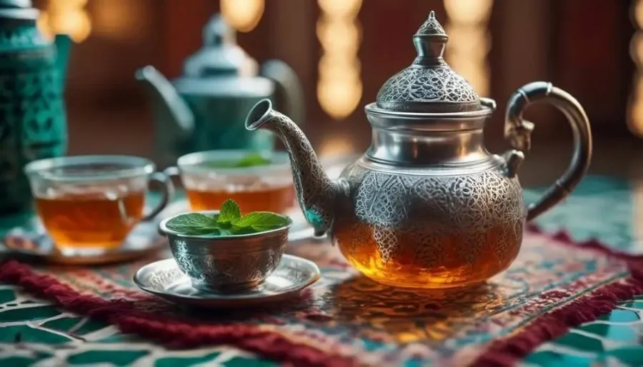 A table set with Moroccan tea and coffee, featuring elegant silver teapots and cups.