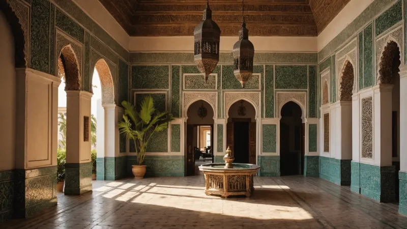 Ornate arches and intricate tile work showcase the stunning interior of a Moroccan palace in Marrakech — what is there to see in Marrakech.