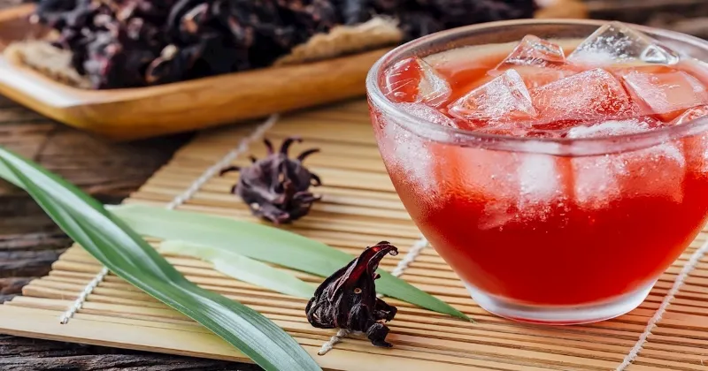 A glass of red Moroccan drink with ice and a green leaf garnish, set against a neutral background.
