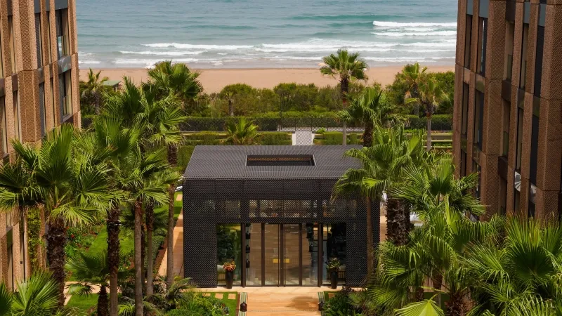 View from an apartment balcony showcasing a beach and palm trees, promoting Casablanca day tours