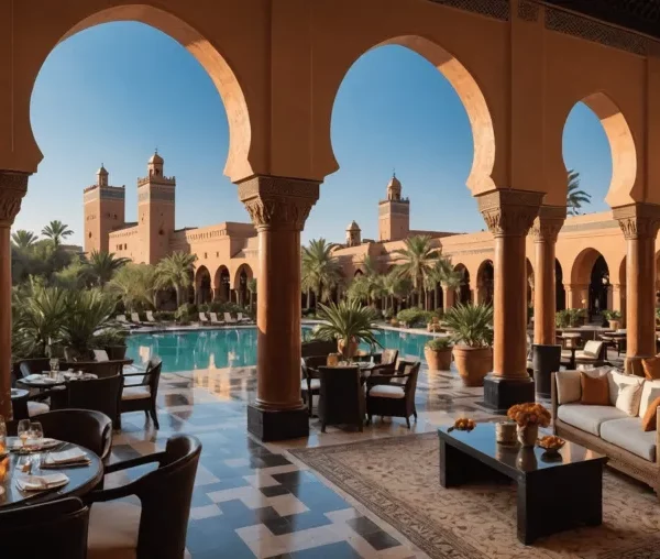 Luxurious courtyard with elegant arches, a central pool, and lush greenery. Inviting seating areas create a warm, serene ambiance under a clear blue sky.