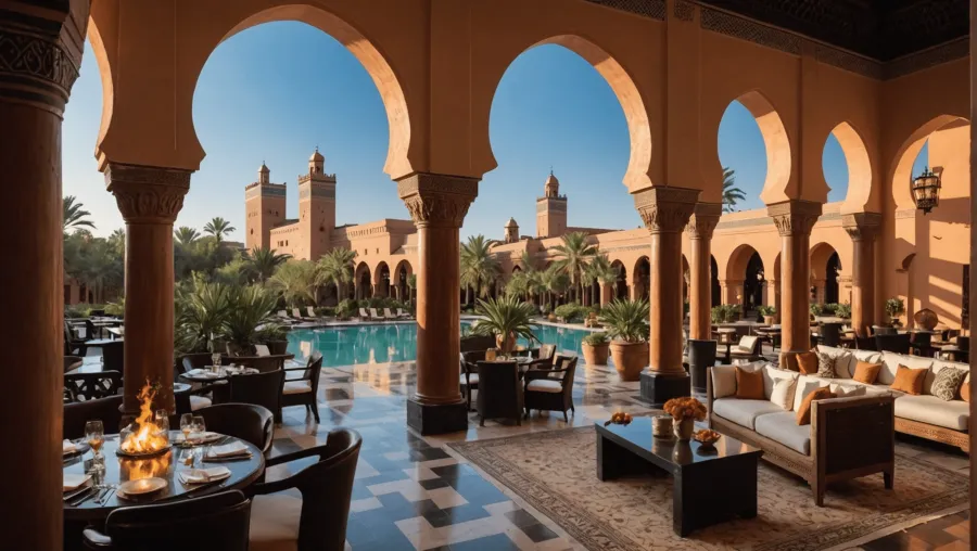 Luxurious courtyard with elegant arches, a central pool, and lush greenery. Inviting seating areas create a warm, serene ambiance under a clear blue sky.