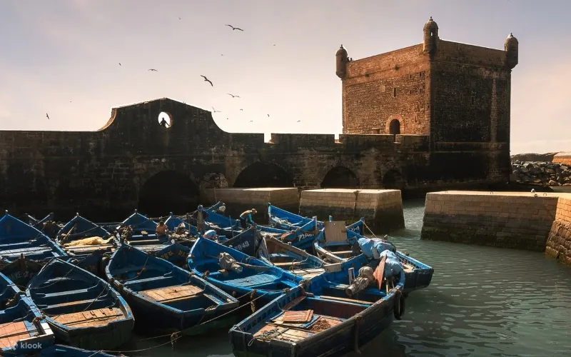 Blue boats docked in calm water near a historic castle in morocco in august .
