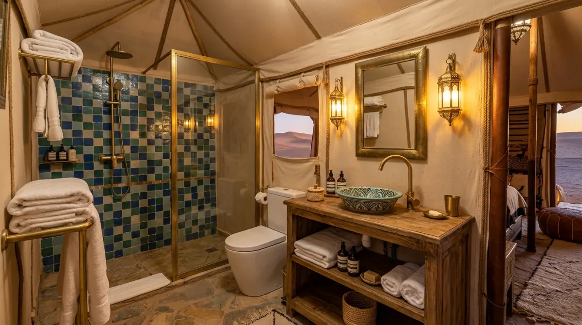 Private en-suite bathroom with ceramic sink, brass taps, hot shower and flush toilet in luxury Sahara tent