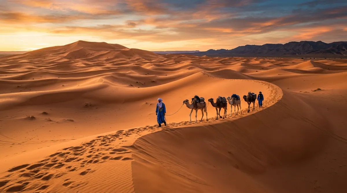 Towering golden sand dunes of Erg Chebbi Merzouga with camel caravan at sunset