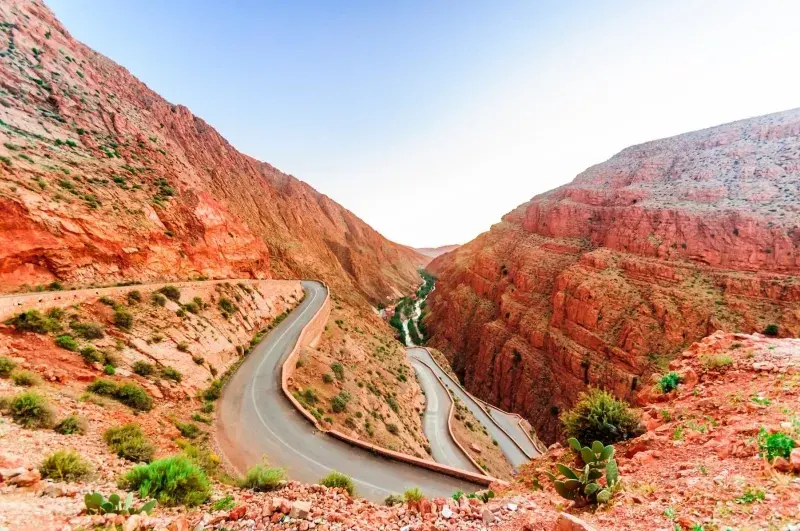 Winding scenic mountain road through Tizi n Tichka pass connecting Marrakech to Sahara